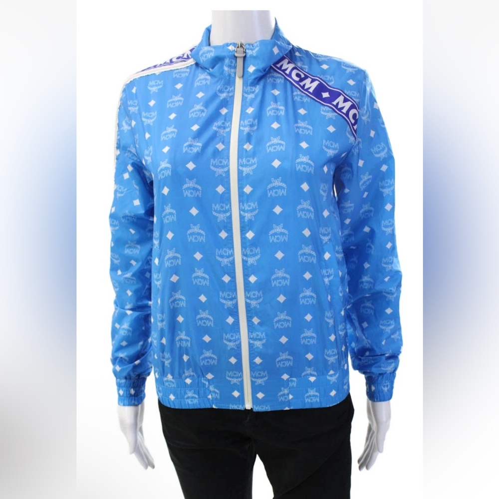 MCM Windbreaker Blue Nylon High Neck Graphic Zip Up Size 40 RETAIL $850